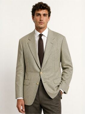 Adolfo Silk & Wool Houndstooth Two-Button Blazer in Neutral Earth Tones Size 44L